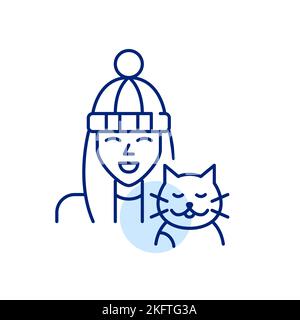 Smiling girl in a beanie and her happy cat. Pixel perfect, editable stroke line icon Stock Vector