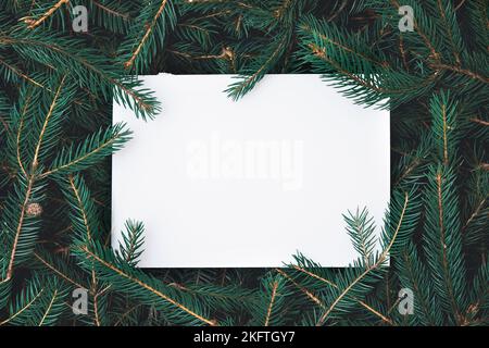 Christmas composition made of Christmas tree branches with paper card note. Stock Photo