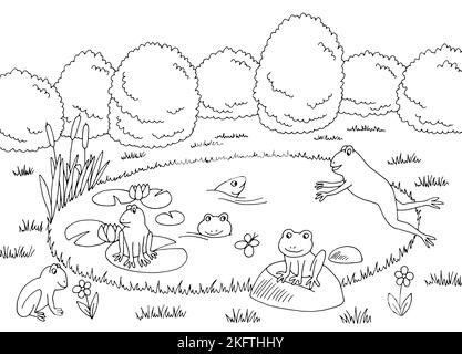 Funny frog pond graphic black white landscape sketch illustration vector Stock Vector