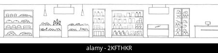 Grocery store shop interior black white graphic sketch long illustration vector Stock Vector