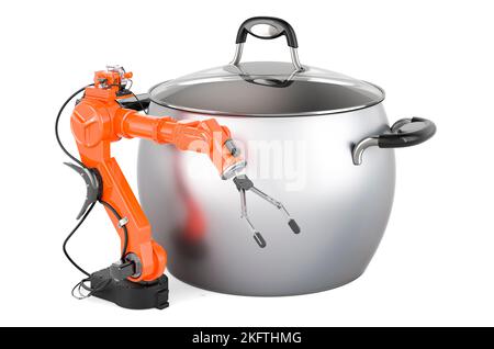 Cooking Robot Arm concept. Steel stock pot with mechanical arm, 3D rendering isolated on white background Stock Photo