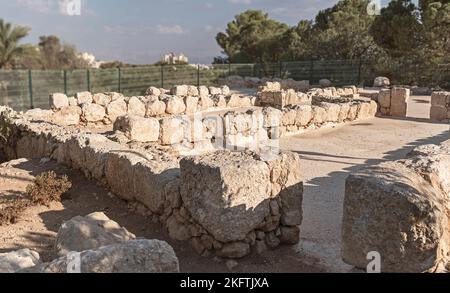 ruins of the limestone walls of the Byzantine Monastery of Martyrius on a hilltop in Maale Adumim with the Judean Hills in the Background Stock Photo