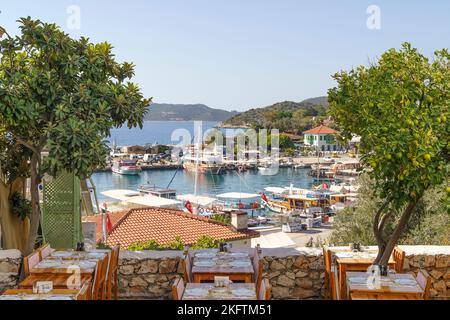 View of the panorama of the Turkish city of Kas from above. Tourist attractions of Turkey and Mediterranean Sea. Travel, vacation, tourism concept. High quality photo Stock Photo
