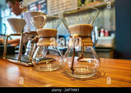 SHENZHEN, CHINA - CIRCA NOVEMBER, 2019: Chemex coffeemakers on display at Starbucks Reserve in Shenzhen. Stock Photo