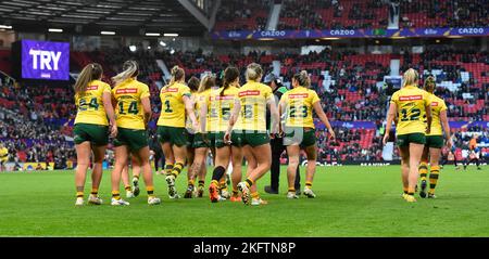 Manchester   ENGLAND - NOVEMBER 19.The  Australia Womens team  during  the Rugby league World Cup Womens Final  between Australia and New Zealand  at the Old Trafford   on November 19 - 2022 in Manchester England. Stock Photo