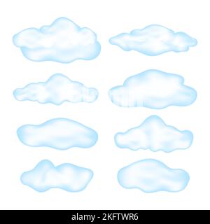 Set of cartoon blue clouds isolated on white background. Various realistic clouds. Vector illustration. Stock Vector