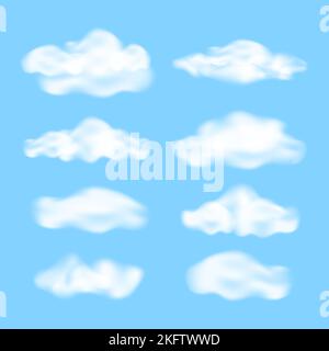 Set of realistic fluffy clouds on a blue background. Various white clouds. Vector illustration. Stock Vector