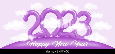 Happy New Year 2023 holiday banner. Greeting New Year's card. Purple holiday background.Vector illustration. Stock Vector