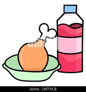 A doodle vector illustration of a fried chicken thigh and a bottle of red drink Stock Vector