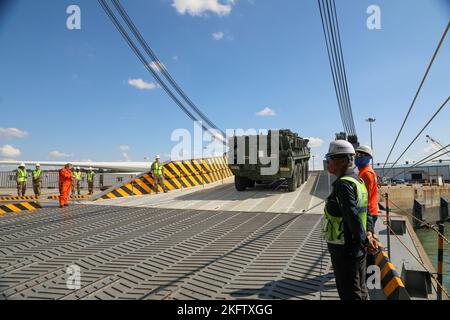 A Stryker combat vehicle disembarks the Liberty Passion at the Port of Pyeongtaek, South Korea on Oct. 8, 2022. The 837th Transportation Battalion examined and cleared each Stryker. Stock Photo