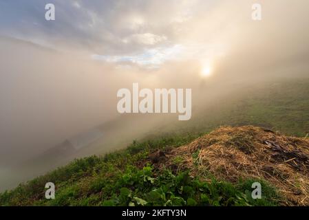 Clouds of fog drift under a clearing sky after a summer lightning storm over a manure pile and meadows at the Ackernalm, Tyrol, Austria Stock Photo
