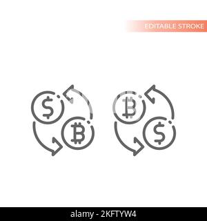 Dollar to bitcoin money conversion line vector icon. Currency exchange, cryptocurrency outlined symbol. Stock Vector