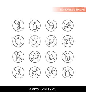 Food ingredients and allergen vector icon set. Gluten, lactose and alcohol free, no preservatives label badge set. Stock Vector
