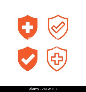 Medical shield with cross and checkmark. Vector filled health icon set. Stock Vector