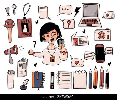 Collection journalism. Cute girl journalist reporter with microphone, broadcast recording, laptop, newspapers notepad and press pass, phone with onlin Stock Vector