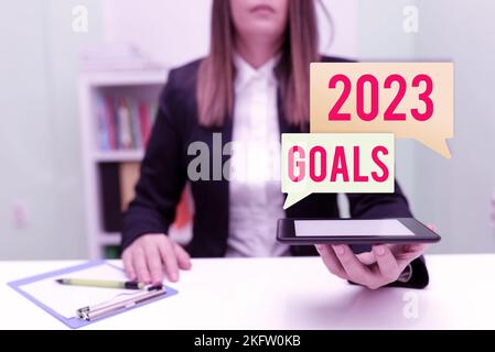 Text showing inspiration 2023 Goals. Word for A plan to do for something new and better for the coming year Stock Photo