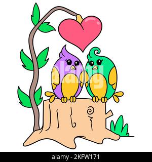 A digital illustration of cute cartoon lovebirds under a heart branch tree on a white background Stock Vector