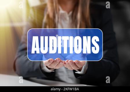 Text caption presenting Auditions. Internet Concept a trial performance to appraise an entertainer's merits Stock Photo