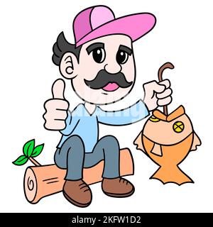 A digital illustration of a cute cartoon man character with a caught fish on a white background Stock Vector