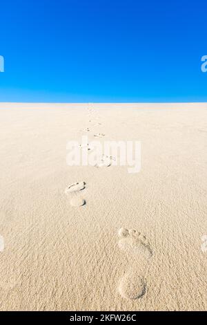 View of yellow sand, blue sky and footsteps disappearing into the distance. Vertical photo of an empty beach Stock Photo