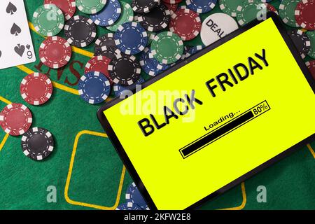Black Friday shopping word cloud on a laptop computer  Stock Photo
