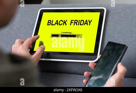 Black Friday shopping word cloud on a laptop computer  Stock Photo