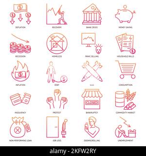 Financial crisis icon set in line style. Economics problems and crash, unemployment and bankruptcy. Vector illustration. Stock Vector