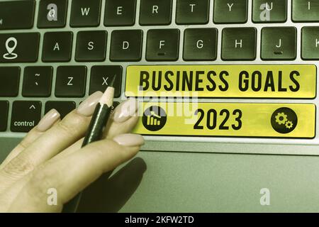 Sign displaying Business Goals 2023. Conceptual photo Advanced Capabilities Timely Expectations Goals Stock Photo