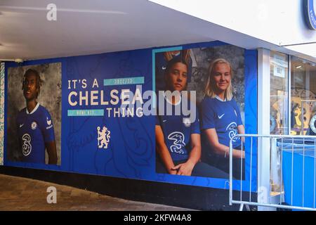 20th November 2022; Stamford Bridge, Chelsea, London, England: Womens Super League Football, Chelsea Women versus Tottenham Hotspur Women; Advertising next to the superstore Stock Photo