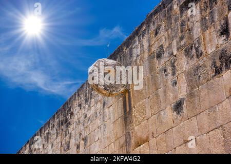 Detail of hoop ring at ball game court, Gran Juego de Pelota of Chichen Itza archaeological site in Yucatan, Mexico. Stock Photo