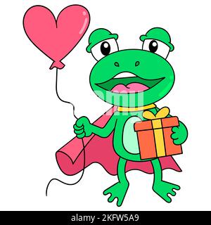 A cute green frog with a gift and heart balloon cartoon character isolated on the white background Stock Vector
