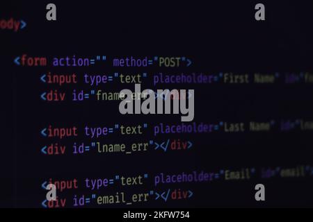 Code of web page displayed on a computer monitor Stock Photo