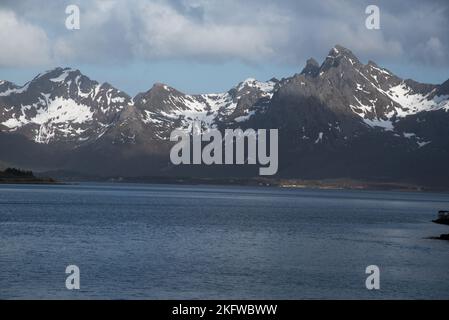 Austvågøya is the largest island of the Lofoten archipelago in Nordland county in Norway covered with rugged mountains Stock Photo