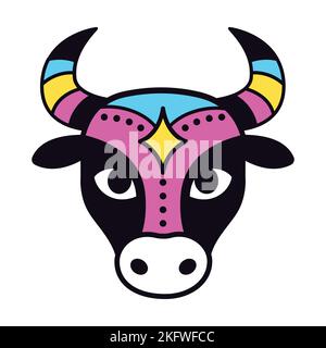 Bumba Meu Boi traditional Brazilian celebration. Ox face icon in simple cute cartoon style. Vector clip art illustration. Stock Vector