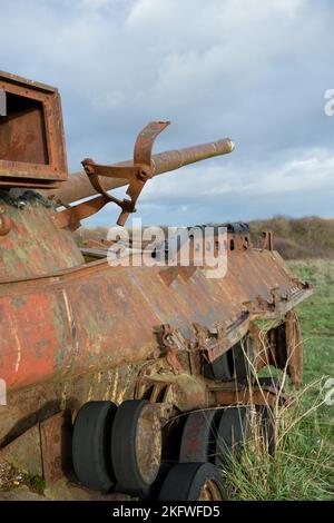 an abandoned rusting British FV4201 Chieftain main battle tank wreck in afternoon sunlight Stock Photo