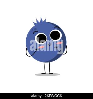 Cute flat cartoon blueberry illustration. Vector illustration of cute blueberry with a smiling expression. Stock Vector