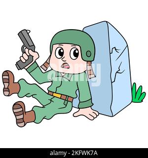 An editable vector of a soldier with a pistol hiding behind a stone Stock Vector