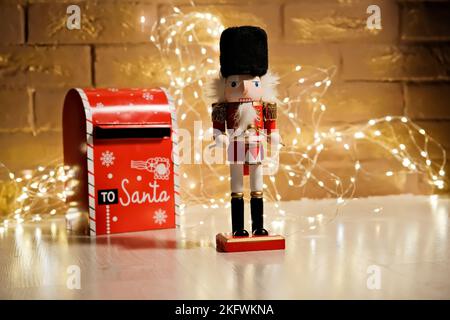 New Year's toy. wooden drummer. mailbox . nutcracker Stock Photo