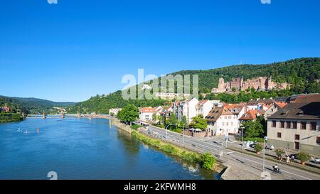 Heidelberg, Baden-Württemberg, Germany - 02 July 2022: River Neckar and Heidelberg Castle seen from the Old Bridge. Stock Photo