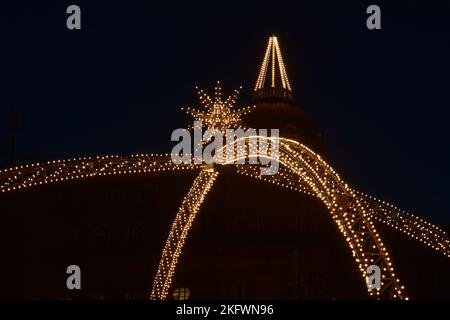 Traditional Christmas arc at Königsallee in Düsseldorf/Germany. It is similar to the Christmas arc the city used to have in the 1950s. Stock Photo