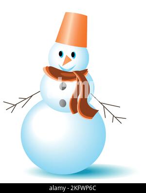 charming snowman on a white background in a scarf and with a bucket on his head Stock Vector