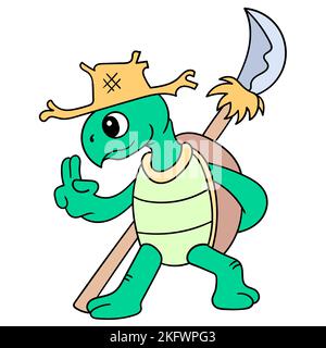 An editable vector of a green turtle with a straw hat doing martial arts Stock Vector