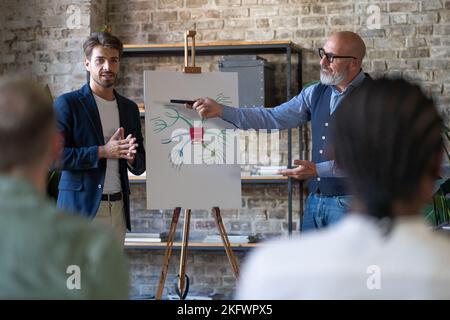 Creative work team discussing a website tree pointing to a mind map with site content tree on a whiteboard - businesspeople brainstorming and communit Stock Photo