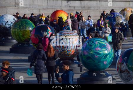 London, England, UK. 20th Nov, 2022. 96 globes created by different artists have been exhibited in Trafalgar Square as part of ''˜The World Reimagined', a project tracing and exploring the history of the Transatlantic Trade in Enslaved Africans, and its impact. (Credit Image: © Vuk Valcic/ZUMA Press Wire) Credit: ZUMA Press, Inc./Alamy Live News Stock Photo