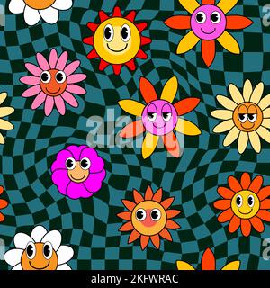 Groovy hippie flower seamless pattern. Colorful flowers trendy check distortion background retro trippy 70s style Stock Vector