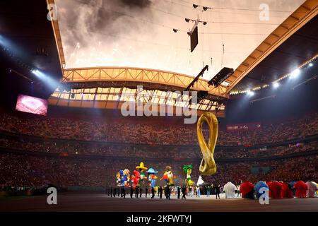 Al Chaur, Qatar. 20th Nov, 2022. Soccer, World Cup 2022 in Qatar, Qatar - Ecuador, preliminary round, group A, match day 1, opening match at Al-Bait Stadium, fireworks at the end of the opening ceremony with the logo of the World Cup. Credit: Tom Weller/dpa/Alamy Live News Stock Photo