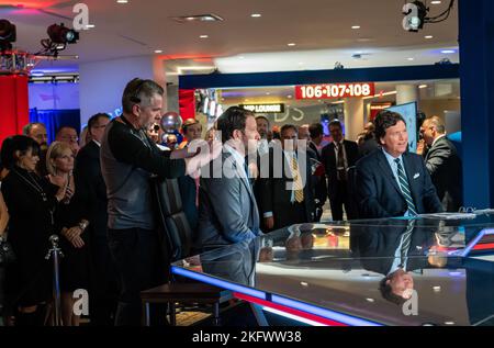 Fox Nation Patriot Awards in Hollywood, Florida - anchor Tucker Carlson and Barstool Sports CEO David Portnoy on the set of the show Stock Photo