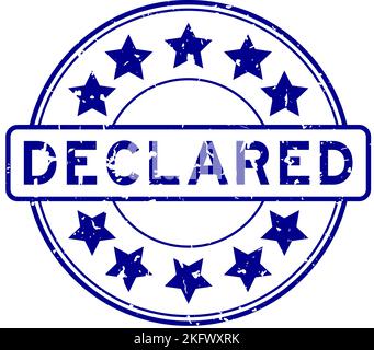 Grunge blue declared word with star icon round rubber seal stamp on white background Stock Vector