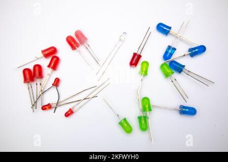 Some LEDs (Light Emitting Diode) are red, green, blue on a white background. Stock Photo