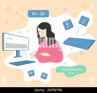 woman is learning to blind type fast on keyboard. Top speed (wpm). learning a new skill, learning to type faster using blind type method. Stock Vector
